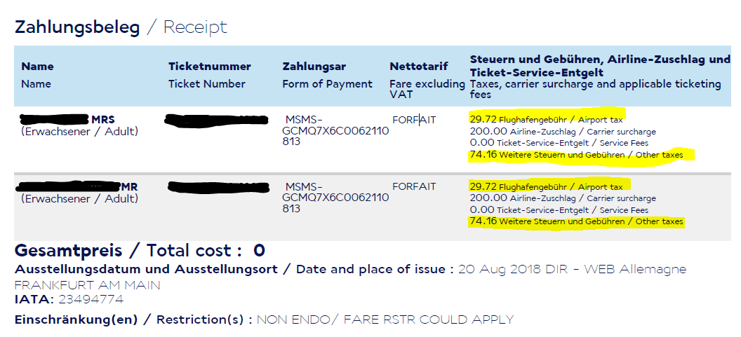 Beispiel Buchungsbestätigung Air France Steuern und Gebühren